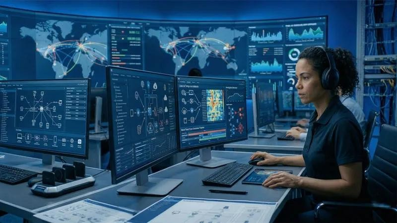 Analyst monitoring cybersecurity dashboards