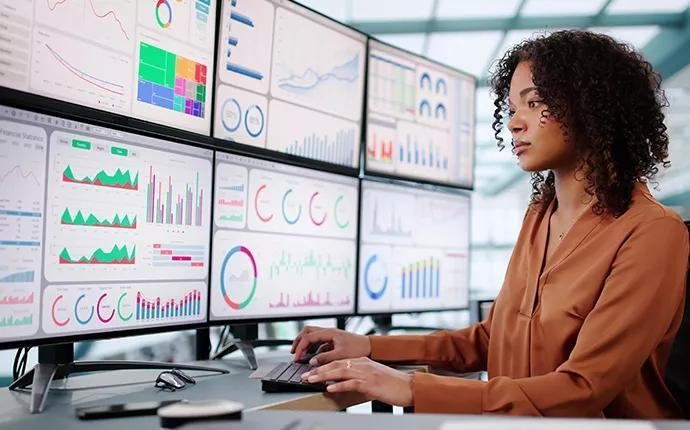 Analyst reviewing dashboards across multiple monitors