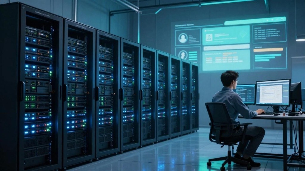 Operations staff monitoring a row of server cabinets