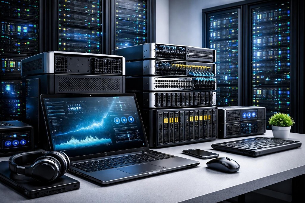 Workstations, servers and networking equipment in an operations room