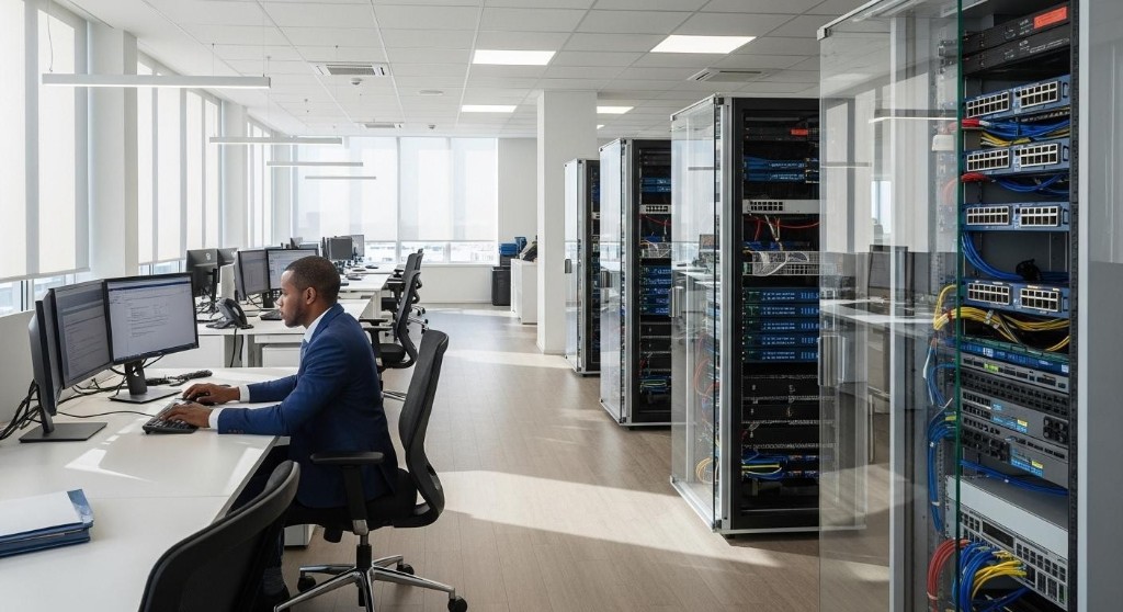 Office workspace beside glass-enclosed server racks