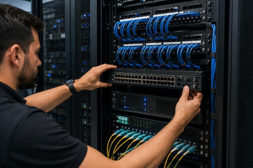 Technician installing an enterprise network switch
