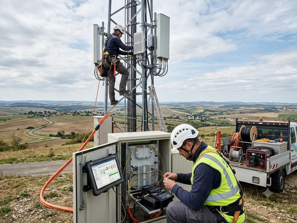 Field technicians installing communications equipment on a tower